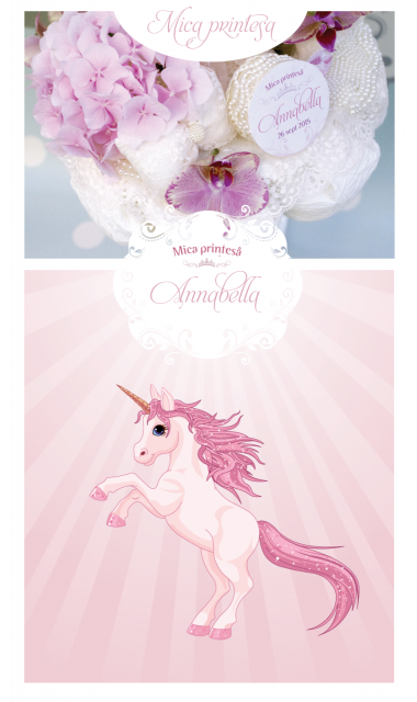 Lumanare de botez pentru fetite cu hortensii si unicorni, 65x4cm, Fairytale Unicorn 5